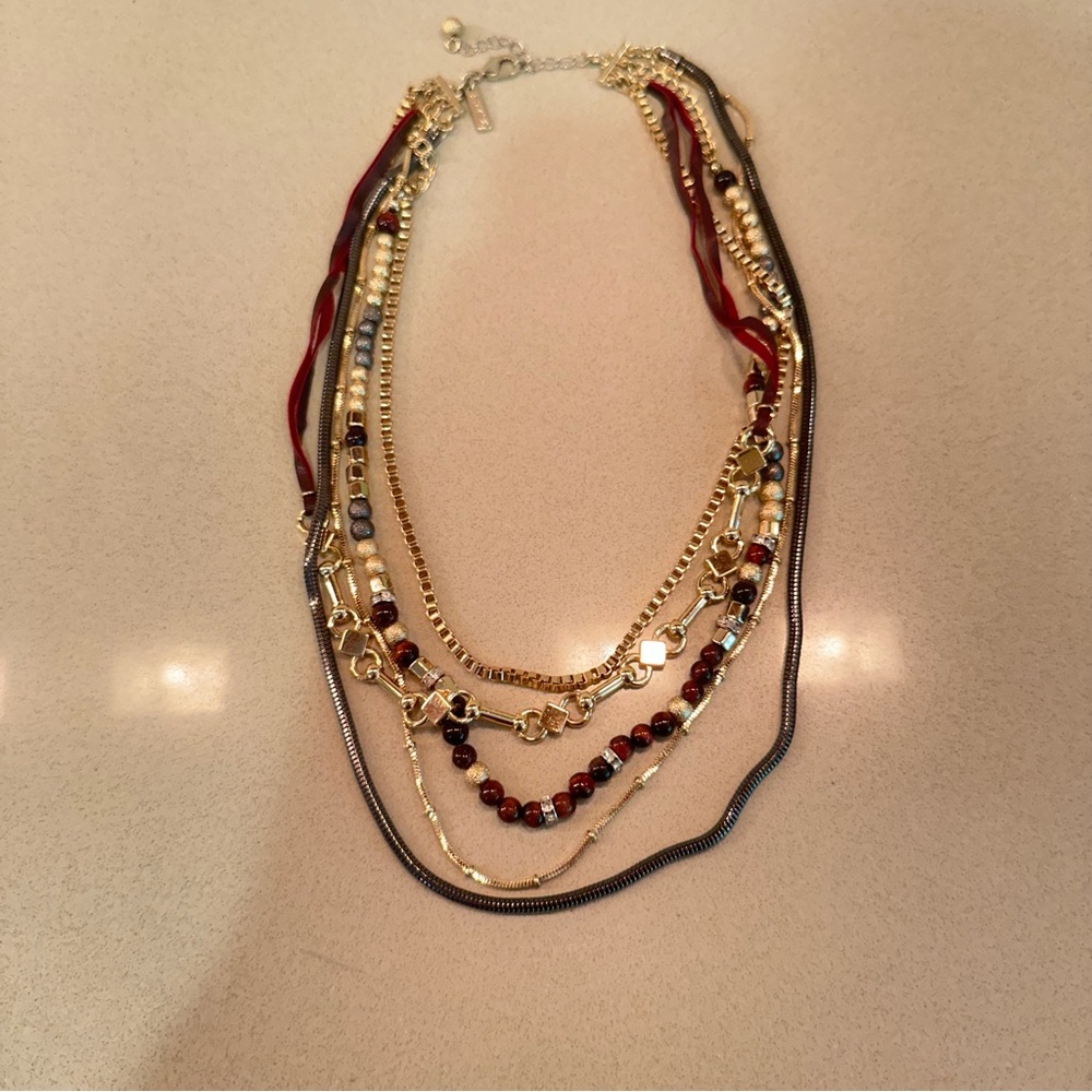 White House Black Market Layered Multi Strand Beaded Gold Tone Necklace